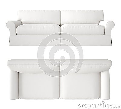 Single white fabric modern sofa isolated on blank background, top and front view, plan, above, contemporary furniture concept idea Stock Photo