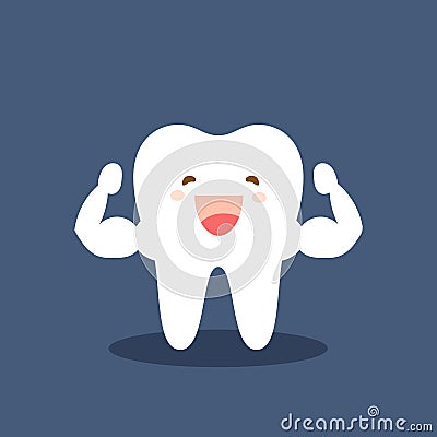 Single white and very strong muscle healthy tooth. Strong happy healthy white tooth character. Vector flat cartoon Vector Illustration