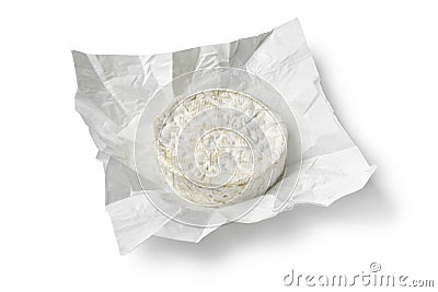 Single whole round french Brie cheeseat package paper Stock Photo