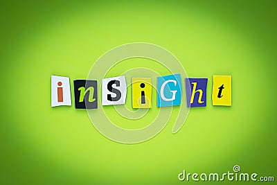 Single word - insight. Message on poster. Text on green background. Cutted colorful letters. Headline on bright card. Multicolor i Stock Photo