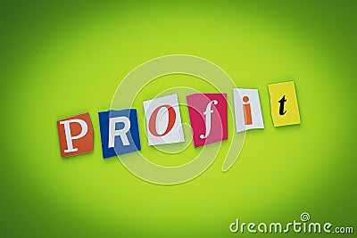 Single word - profit. Cutted letters on green background. Multicolor inscription on banner. Text on bright card. Message on poster Stock Photo