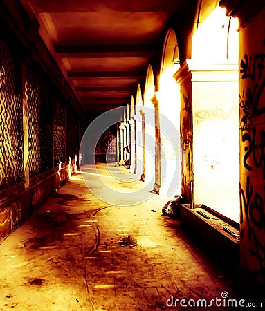 Sinister abandoned building in creepy lighting Stock Photo