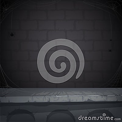 Sinister background with a stone wall, cobwebs and spider for Halloween Vector Illustration