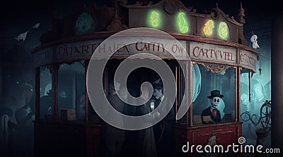 A sinister carnival ticket booth with ghostly attendants Stock Photo