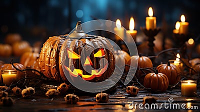 Sinister Halloween composition in dark tones. Spooky pumpkin jack-o-lanterns, burning candles, beads, blurred background Stock Photo