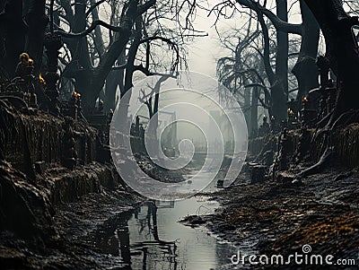 Sinister landscape of a forgotten stream in a mysterious forest Stock Photo