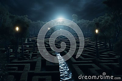 Sinister Moonlit Hedge Maze A moonlit hedge maze Stock Photo