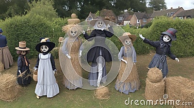 A sinister scarecrow festival with straw figures everywhere Stock Photo