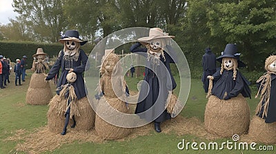 A sinister scarecrow festival with straw figures everywhere Stock Photo