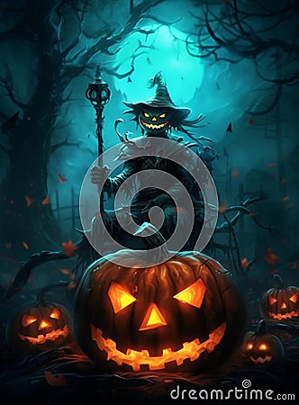 Sinister Scarecrow with Menacing Halloween Pumpkin in a Dark Night Bathed in Moonlight AI generated Stock Photo