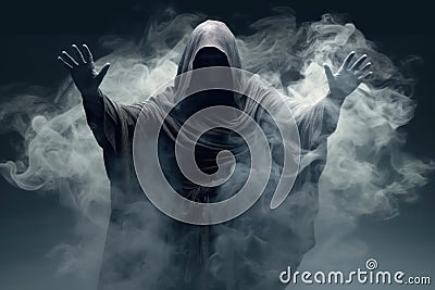 Enigmatic Cloaked Sinister warlock with Outstretched Arms. Generative AI Stock Photo
