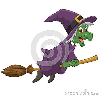 Sinister witch was riding broomstick on white background Vector Illustration