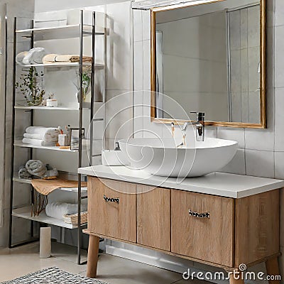 Sink bowl on chest of drawers, mirror and shelving unit in bathroom Stock Photo