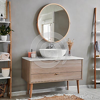 Sink bowl on chest of drawers, mirror and shelving unit in bathroom Stock Photo