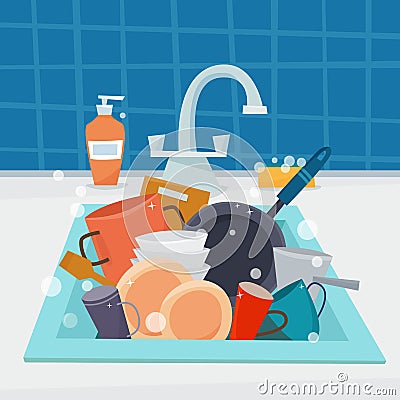 Sink with clean kitchenware and dishes, utencil and sponge. Vector Illustration