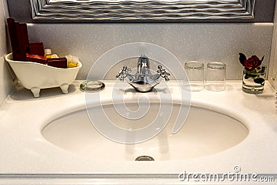 Sink Hotel Bathroom. Classical Washbasins. Morning in the hotel Stock Photo