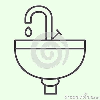 Sink thin line icon. Wash basin or washstand with tap symbol outline style pictogram on white background. Homebuilding Vector Illustration