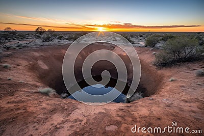 sinkhole in a desert, with the sun setting over the horizon Stock Photo