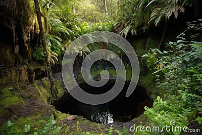 Sinkhole With Exposed Underground Streams And Waterfalls, Surrounded By
