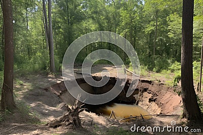sinkhole in forest with trees and wildlife visible Stock Photo