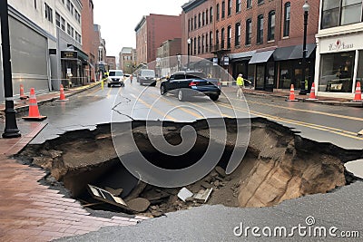 sinkhole forming in city street, with debris and car visible Stock Photo