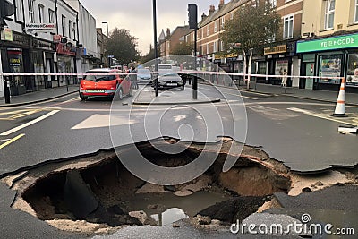 a sinkhole that has opened up on a busy street, with cars driving over the hole Stock Photo