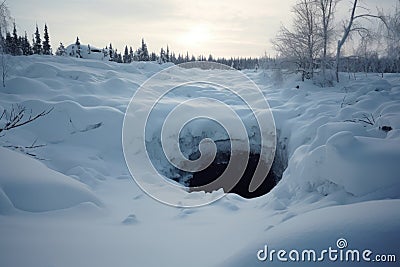 a sinkhole in a snowy landscape, contrasted against the white surroundings Stock Photo