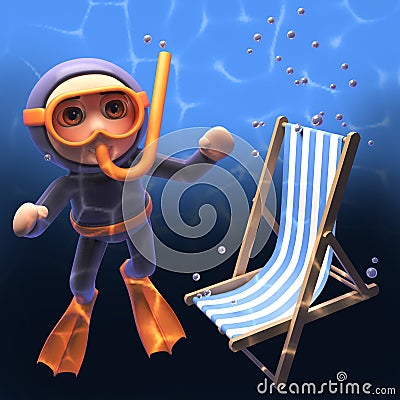 Sinking deckchair passes by a snorkel scuba diver under the sea 3d illustration Cartoon Illustration