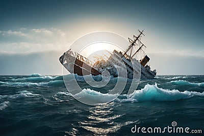 sinking ship in icy ocean. ai generative Stock Photo