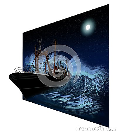 Sinking Ship at night in 3D Stock Photo