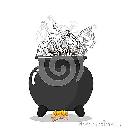 Sinners in cauldron in hell. Skeletons are cooked in resin Vector Illustration