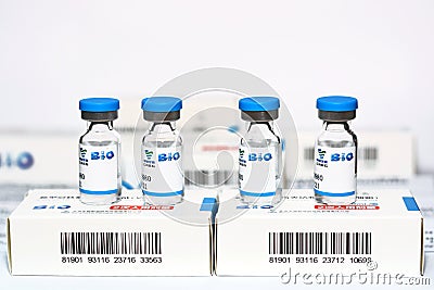 Sinopharm COVID-19 vaccine bottle dose loaded in a syringe, Sars-Cov-2 Vaccine inactivated vero cell Editorial Stock Photo