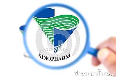 Sinopharm research laboratory logotype enlarged with a magnifying glass Editorial Stock Photo