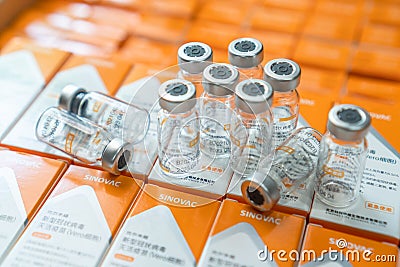 Sinovac vaccine, Coronavac vaccination for covid-19 coronavirus protection in bottle with chinese label Editorial Stock Photo