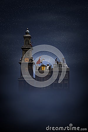 Sinterklaas and the Pieten on the rooftops at night Stock Photo