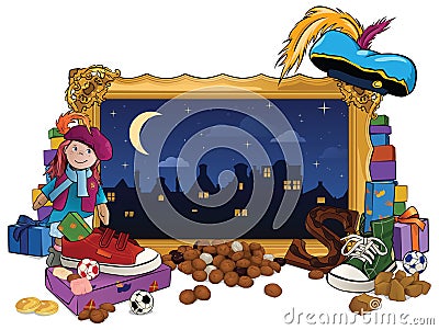 Sinterklaas Theme - Gold Picture Frame with Presents Vector Illustration