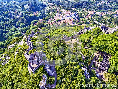 Sintra, Portugal: aerial top view of the Castle of the Moors, Castelo dos Mouros, located next to Lisbon Stock Photo
