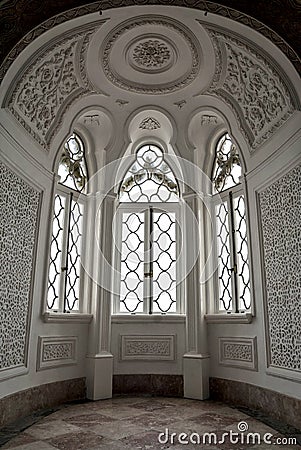 Inside of Pena Palace in Sintra, Lisbon district, Portugal. Beautiful large white windows. Editorial Stock Photo