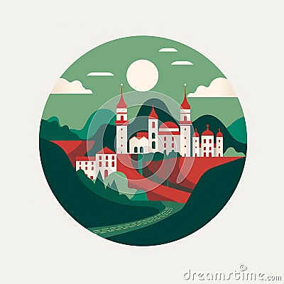 Sintra's Enchanted Silhouette: Green & Red Portuguese Palette Cartoon Illustration
