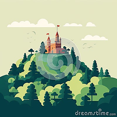 Sintra's Enchantment: Pena Palace Amidst Verdant Forests Cartoon Illustration