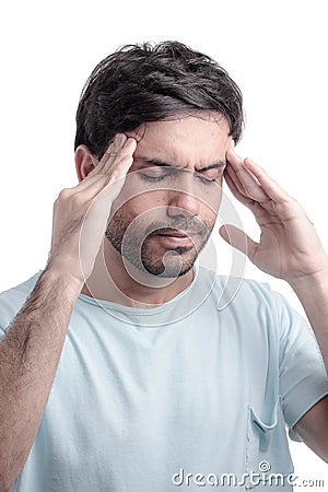 Sinus pain, sinus pressure, sinusitis. Sad man holding his head Stock Photo