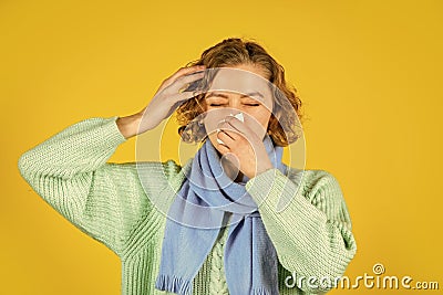 Sinusitis diagnostics. Inflammation of nasal sinus. Runny nose. Cold flu symptoms. Sick woman blowing nose. Chronic Stock Photo