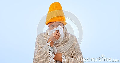 Sinusitis, virus and sick woman with tissue in studio, background and blowing nose with flu or healthcare. Bacteria Stock Photo