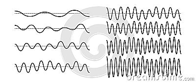 Sinusoid signals set. Black curve sound waves with different frequency and amplitude. Voice or music audio concept Vector Illustration