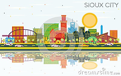 Sioux City Iowa Skyline with Color Buildings, Blue Sky and Reflections Stock Photo