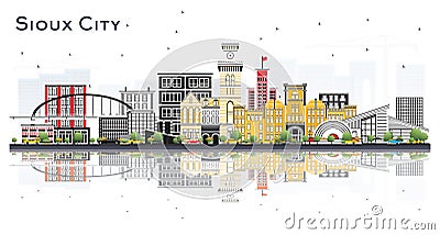 Sioux City Iowa Skyline with Color Buildings and Reflections Isolated on White Background Stock Photo