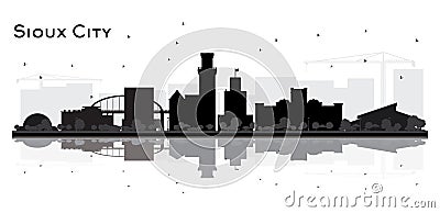 Sioux City skyline black and white silhouette with Reflections Cartoon Illustration