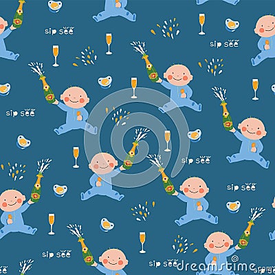 Sip and See seamless vector pattern background. Newborn baby boy Stock Photo