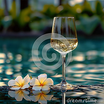 Sip of summer white wine, frangipani by the pool Holiday bliss Stock Photo