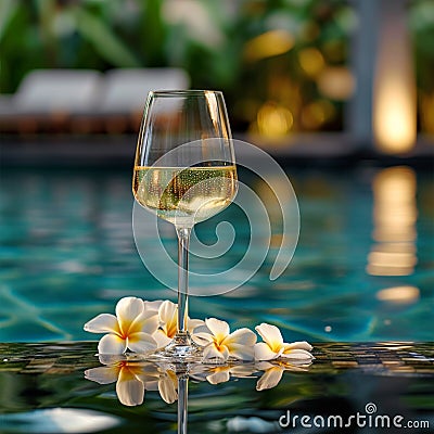 Sip of summer white wine, frangipani by the pool Holiday bliss Stock Photo